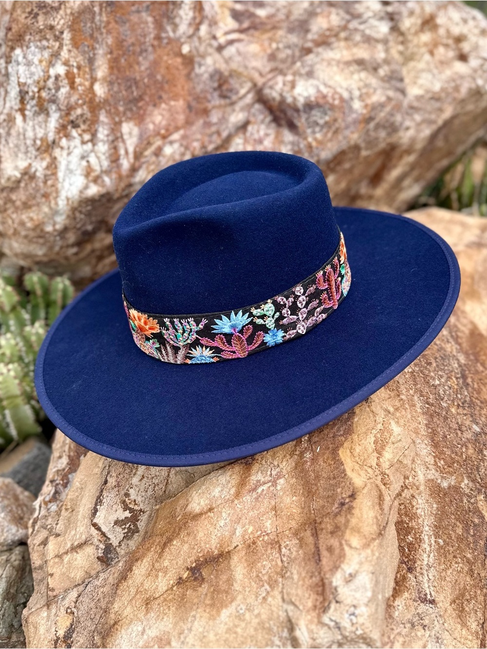 Multicolored Embroidered Desert Cactus Bloom Wool Navy Rancher Hat